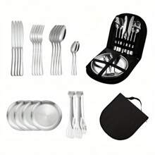 Juego de 21 piezas de vajilla de acero inoxidable para camping - Utensilios portátiles para pícnic al aire libre con platos, tenedores y cucharas para senderismo, excursiones y aventuras de campamento: Cubertería completa + platos en un estuche compacto, de acero inoxidable resistente a la oxidación.
