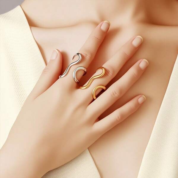 1pc Fashionable Asymmetrical Wavy Stainless Steel Adjustable Open Ring, Suitable For Women For Daily Wear, Festivals, Banquets