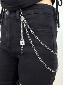 1 buc lanț pentru pantaloni din metal argintiu, stil punk, pentru femei, accesoriu vestimentar streetwear pentru blugi, geometric, cu strat dublu, model patchwork, Halloween, vară, școală, toamnă, toamnă, Halloween