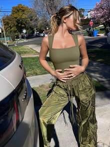 Strappy Square Neck Sleeveless Tummy Control Tank Tops Bodysuits - Kimchi Color - View 3