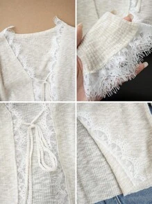 Apricot Lace Patchwork Short Tie Knit Cover Up, V-Neck Sunscreen Cover Up Jacket For Women, Summer