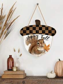 1Pc/110Pcs Rustic Happy Fall Sign Squirrel And Pine Nut Wooden Door Signs Wall Hanging Fall Thanksgiving Door Sign For Farmhouse Harvest Autumn Porch Home Wall Indoor Outdoor Fall Door Decor