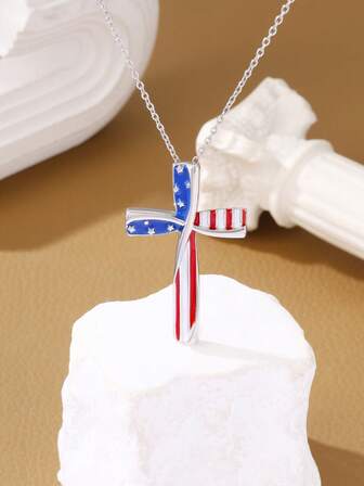 1pc American Flag Color Cross Pendant Necklace, Suitable For Holiday Gifts, Party And Banquet Wear