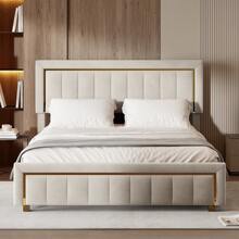Cama tapizada 140/160*200cm, cama doble hidráulica con canapé, canapé con estructura de láminas de madera, cama juvenil, cama de metal, estructura de cama de terciopelo, rayas doradas, beige