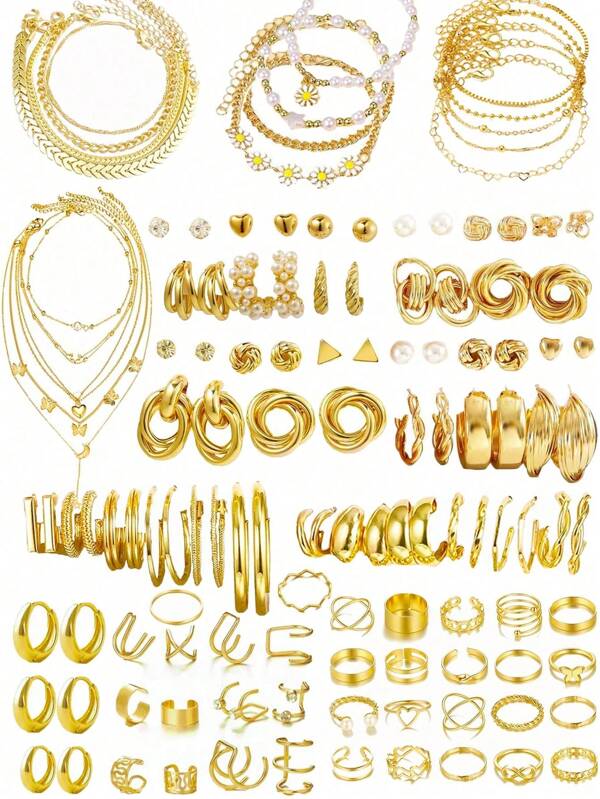 4-68pcs Vintage Elegant Minimalist Heart & Butterfly Metal Multi-Element Earrings Necklace Bracelet Anklet 4-In-1 Gold Jewelry Set, Ideal Choice For Daily Casual Wear, Gift For Family, Best Friends, Girlfriend