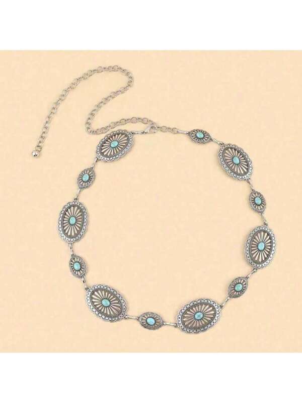 سلسلة خصر من الفضة والتركواز المنقوش، سلسلة بطن مذهبة ذات نقش زهري هندسي أنيق، حزام زخرفي للملابس النسائية، موضة الصيف الجديدة في الشرق الأوسط