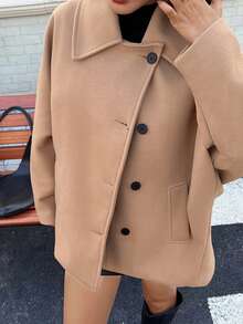 DEEKA Autumn/Winter New Wool Blend Short Coat, Oversized Loose Fit Petite Fashionable RetroOvercoatt - Khaki - View 3