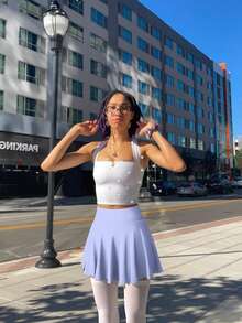 Women One Piece Skirt 2 In 1 Flowy Basic Versatile  Stretchy Flared Casual Mini Skirts - Purple - View 3