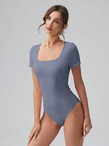 OQQ Women Bodysuits Ruched Short Sleeve Square Neck Stretch Lounge Travel Bodysuits - Blues - View 3
