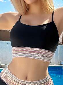 jeederkim Beach Vacation Spa Spaghetti Strap Split Swimsuit, New Sexy Triangle Bikini Swimwear - Black - View 4