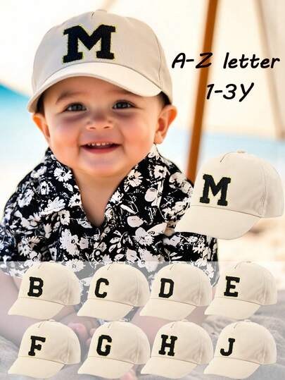 1顶儿童26字母刺绣棒球帽，金色字母设计，韩式可调节后扣帽，防晒帽，适合1-3岁男孩女孩