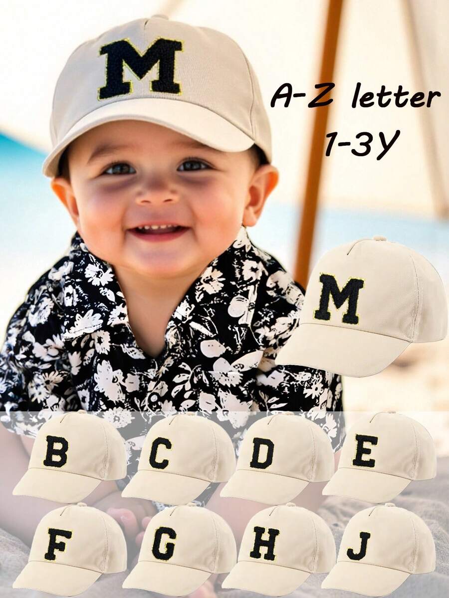 1顶儿童26字母刺绣棒球帽，金色字母设计，韩式可调节后扣帽，防晒帽，适合1-3岁男孩女孩 - 米色 - 查看 1