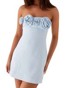 Short Strapless Homecoming Dresses For Teens 3D Floral Mini Cocktail Party Gown - Blå - Visa 6