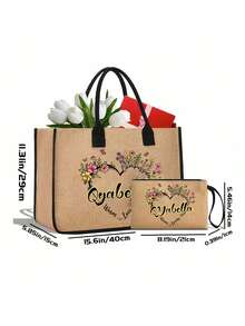 Personalized Set: Heart Wreath, Letter Pattern Handbag And Cosmetic Bag, Large Capacity Tote Bag Set, Can Be Carried By Shoulder Or Hand. Women's Large Capacity Multi-Function Tote Bag And Cosmetic Bag, A Charming Choice For New Year. - Khaki - View 10