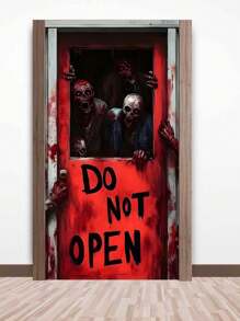 1pc Horror Zombie Theme Door Curtain, Red Door With "DO NOT OPEN" Text, Scary & Realistic Zombie Graphic, Blood Splatter Decor, Made Of Polyester, Suitable For Halloween Decor, Escape Room Setting, Horror Party & Haunted House Atmosphere
