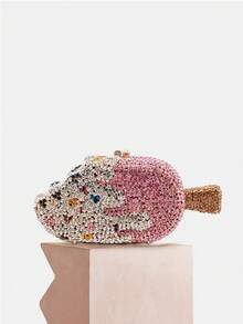 1 PC Mini Ice Cream Shaped Crystal Evening Bags,Luxurious Diamond Design With Metal Chain Dinner Purses For Ladies,Rhinestone Clutches Banquet Party & Prom Events,Luxury Gifts With Box - Pink - View 2
