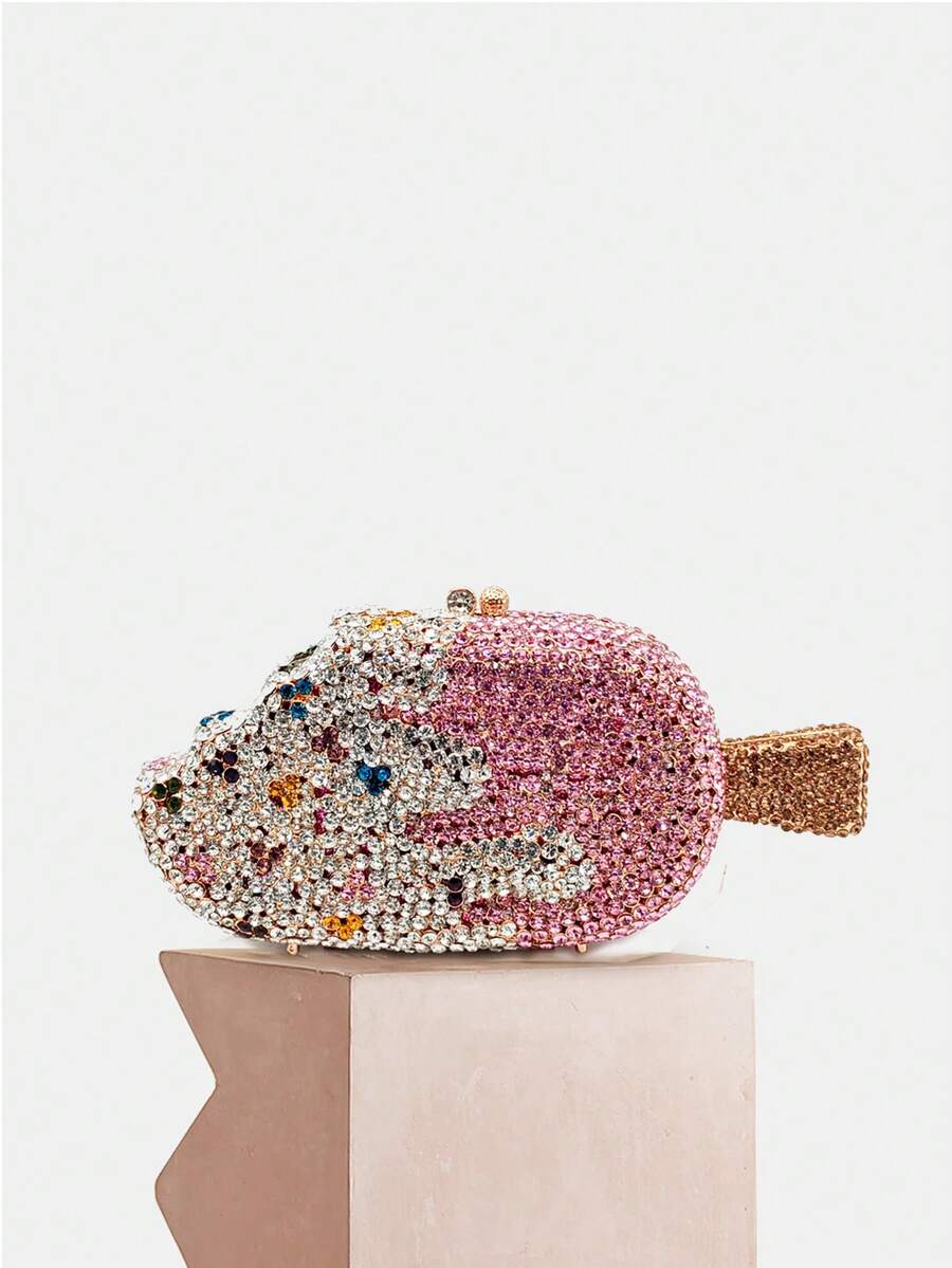 1 PC Mini Ice Cream Shaped Crystal Evening Bags,Luxurious Diamond Design With Metal Chain Dinner Purses For Ladies,Rhinestone Clutches Banquet Party & Prom Events,Luxury Gifts With Box