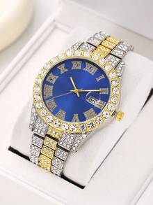 1入組男士時尚羅馬數字嘻哈風格豪華石英手錶,鑲有水晶,適合日常穿著