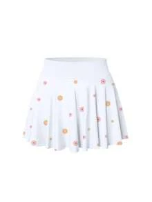 Women One Piece Skirt 2 In 1 Flowy Basic Versatile  Stretchy Flared Casual Mini Skirts - 太陽花白色 - 查看 1
