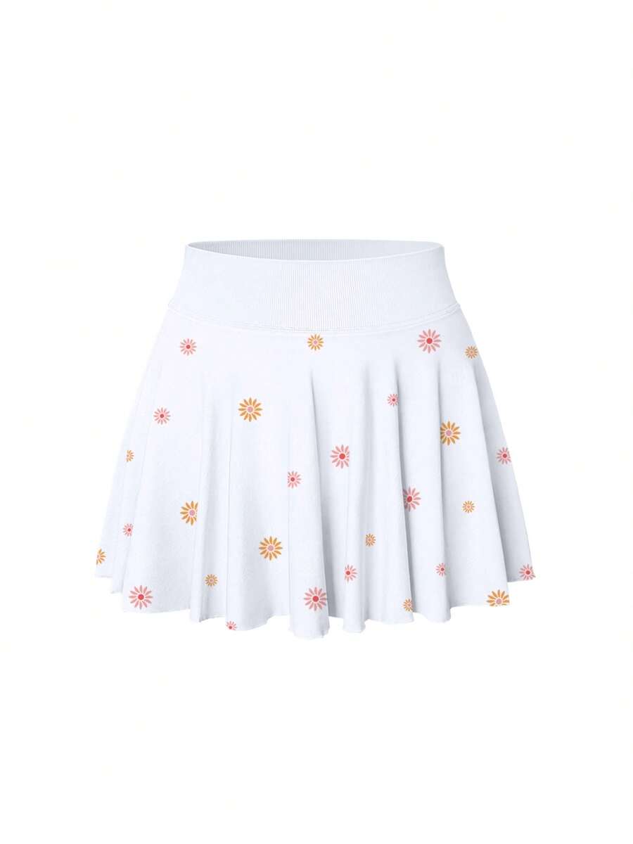 Women One Piece Skirt 2 In 1 Flowy Basic Versatile Stretchy Flared Casual Mini Skirts - 太陽花白色 - 查看 1