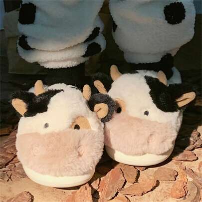 Cartoon Cow Warm Plush Slippers, Couple Casual Indoor Outdoor Soft Lightweight Comfort Slippers, Suitable For Christmas, Halloween, Office, Home, All Season