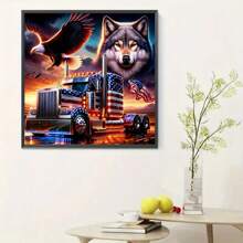 Komplett runder Diamant-Malerei Bausatz "Der Wolf und der große Lkw", 5D DIY Kunsthandwerk Set geeignet für Anfänger, Wanddekoration für Zuhause