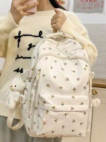 Mochila Feminina de Impressão Colorida Contrastante com Decoração Fofa de Urso, Design de Vários Bolsos de Grande Capacidade para Viagem, Trabalho, Escola, Alças de Ombro Ajustáveis, Adequado para Lazer, Compras, Estudante