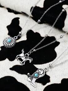 3 pièces de ensemble de colliers à chaîne avec motif floral de tête de taureau et de fer à cheval de style cowgirl occidental rétro turquoise (les chaînes sont prédécoupées par longueur, pas par nombre de perles)