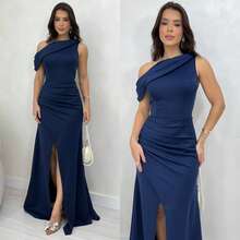 Long Sleeve Mule Dress With Front Slit - Party / Bridesmaid / Wedding / Graduation / Civil Bride - Navy Blue - View 1