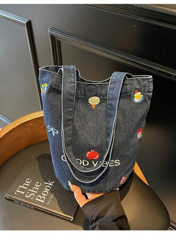 Sac à lunch vintage en denim avec broderie florale, une épaule. Sac seau mignon pour étudiants, polyvalent