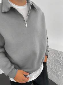GLESTORE Herren Retro Vintage Münzen Ästhetik Klassischer einfarbiger leichter halb Reißverschluss Stehkragen Herren Langarm Sweatshirt, Pendler Lässig Minimalistischer Multifunktionsstil - Hellgrau - Übersicht 3