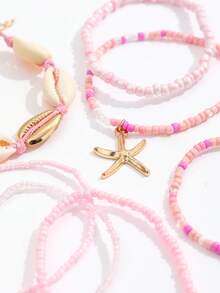 7 件套波西米亚贝壳和种子珠手链，配海星吊饰，混色，适合女士 - 粉色 - 查看 4