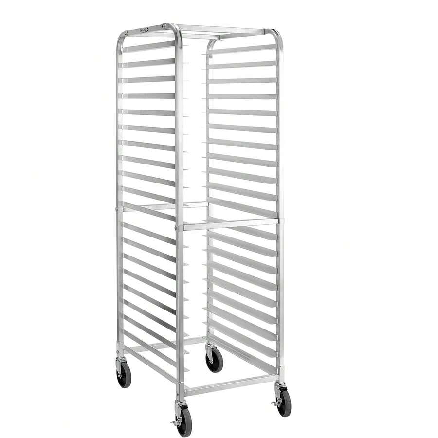 Rack Espiguero Panadero Carrito 20 Charolas Con Ruedas Rejilla para bandejas de panecillos para bandejas completas y medias bandejas, cocina, restaurante, pizzería, hogar y hotel - Plateado - Ver 1
