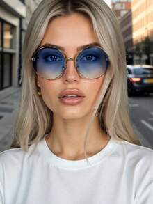 1pc Women/Men's New Full-Rim Round Glasses, Minimalist Large Frame Metal Temples, Fashionable & Luxurious, Suitable For Daily Wear And Party Decoration - Multicolor - View 3