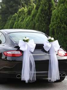 Luxurious White Wedding Car Decorative Fabric With Transparent Mesh, Polyester Floral Arch For Wedding, Party, Christening And Themed Events, Wedding Accessories, Elegant Decor, Wedding Car Rearview Mirror Decor, Wedding Car Decoration