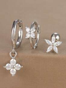 3/6pcs Cubic Zirconia Five Petal Flower Stud Earrings Set For Women Stacking Simple Huggies Cartilage Small Hoop Earring Jewelry