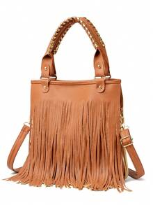 女士托特包，纯色，大容量，时尚商务休闲通勤流苏手提包单肩包，适合购物、钱包、年轻女性、大学生、初学者、上班族。非常适合办公室、大学、工作、商务、通勤、户外活动、旅行和郊游 - 彩色 - 查看 10