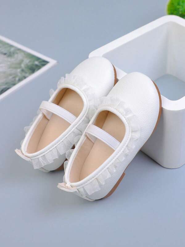 1 Pair Baby Girls White PU Leather Flats With Sheer Ruffle Trim, EU Size 21-25, Versatile For Daily Wear, Parties, Dances And School, Cute And Sweet Style Princess First Steps