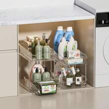 2 Tier Clear Pull-Out Home Organizer, Multi-Purpose Stackable Bathroom Organizer With Dividers, Vanity Counter Tray, Kitchen, Closet Organizers, Cabinet & Storage Container Bins, MultiUse Slide-Out Storage Container