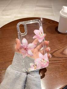 1pc Pink Lily Flower & Letter Transparent Air Cushion Anti-Drop Phone Case, TPU Material, Suitable As Holiday Gift Compatible With Apple Phones XS/XS Max/XR/11 12 13 14 15 16 Pro/Pro Max/14 15 16 Plus And Series Waterproof Shockproof Scratch Resistant - Multicolor - View 5