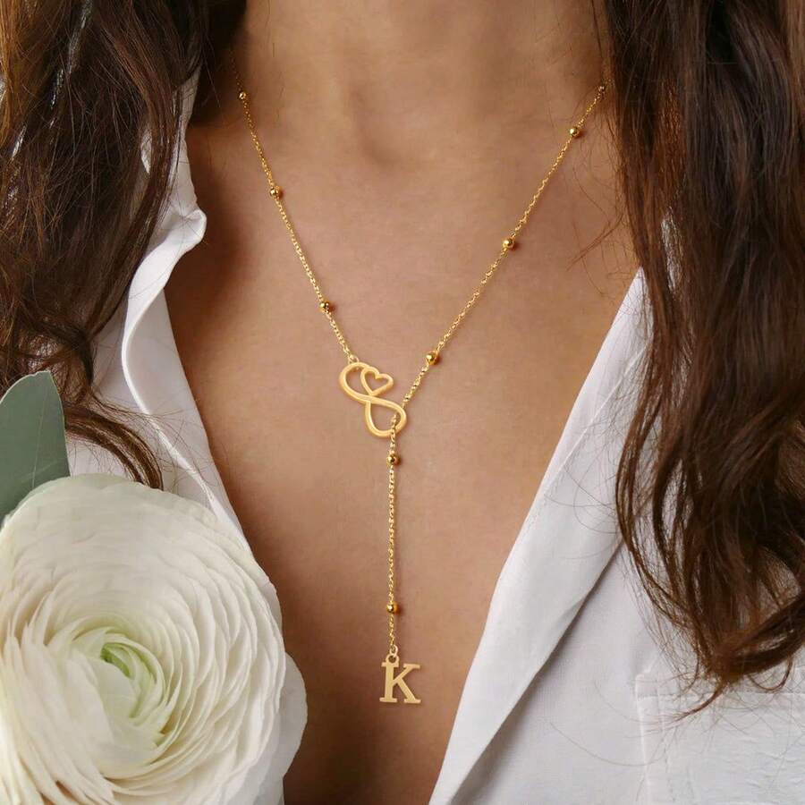 1 件时尚经典不锈钢心形无限符号首字母吊坠金色珠链项链女士 - 金黃色 - 查看 1