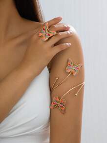 Designer Fashion Vintage Colorful Enamel Butterfly Decorated Pendant, Bracelet, Ring, Earring, Arm Band Jewelry Set, Suitable For Women Beach Vacation Wear, Excellent Gift Choice For Festivals