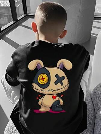 一套男童及儿童休闲印花圆领短袖T恤，适合夏季学生及幼儿穿着 - 酷炫兔子图案T恤，为每个孩子带来快乐！儿童印花T恤