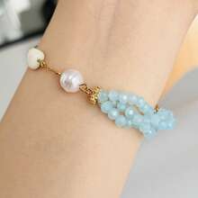 1 pieza Nuevo brazalete asimétrico de piedra natural, brazalete de cadena de cereza y vidrio para mujeres