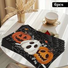 4 pièces Sets de table en lin imprimés d'éléments de citrouille, de diable et de crâne pour Halloween - Sets de table rectangulaires en lin tissé, à utiliser dans le salon, la cuisine, la table de café, la décoration de table de salle à manger