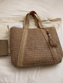 女士大容量草编度假沙滩包，流苏编织，单肩手提钱包，休闲时尚旅行包，便携式波西米亚可折叠托特包 - 卡其色 - 查看 4