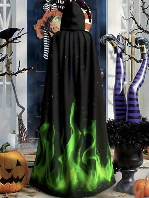1pc Halloween Hooded Cape Witch Robe Cape, Green Flame Burning Festival Party Role-Playing Costume (Unissed-Male)