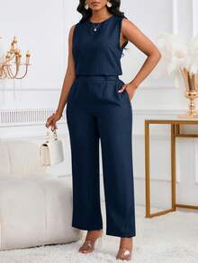 2 件套女士休闲优雅无袖背心和长裤，带斜口袋和纽扣细节 - 藏蓝色 - 查看 4