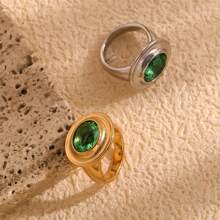 MamacitaSlay 1pc Vintage Style Stainless Steel 18K Gold Plated Elliptical Green Zirconia Stone Personalized Ring