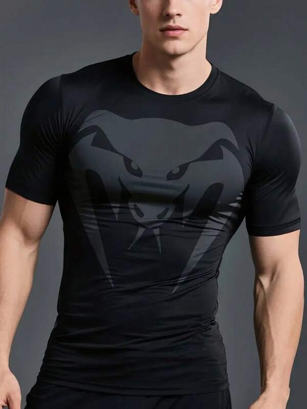 Snake Print Fashionable Men's Sports T-Shirt, Round Neck T-Shirt For Summer Ball Sports, Fitness Workout Casual Everyday Wear Men's Short Sleeve T-Shirt